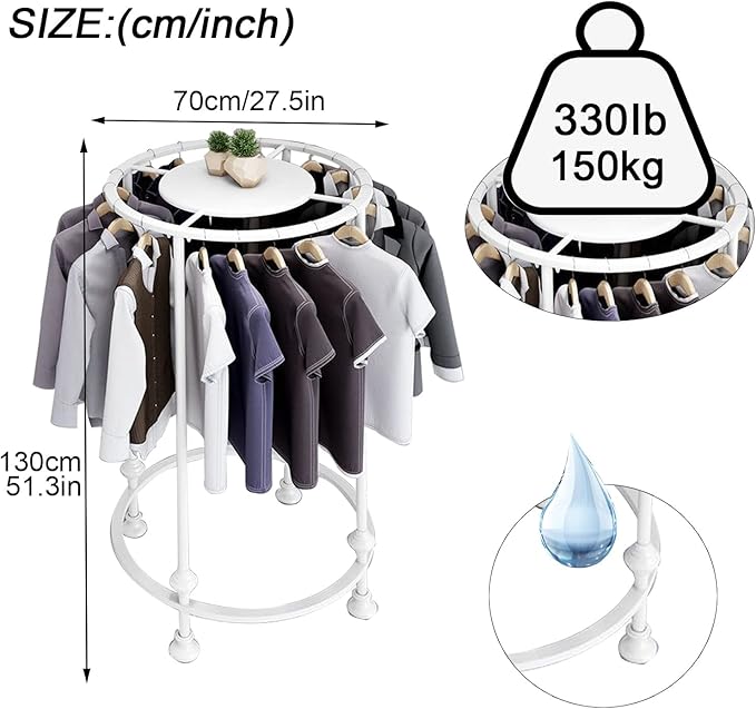 Round Garment Rack, Floor Standing Iron clothes Hanging Rack with Topper, Suitable for Large Shopping Malls Retail, Clothes Boutique Display Laundry Rooms Multi-Purpose Hanging (WHITE)