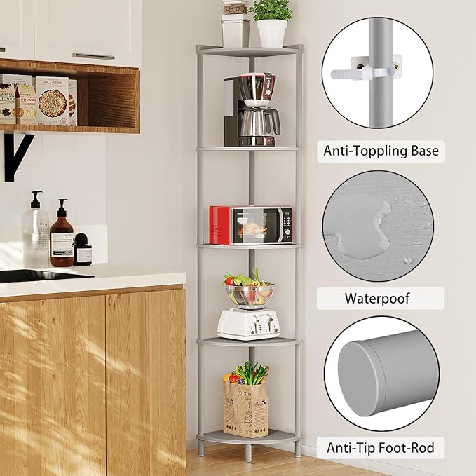 SUNMORY 5 Tier Corner Shelf Stand,Industrial 65" Corner Shelves Display Shelf for Living Room Decor,Wall Corner Bookshelf Multi Unit Organizer,Tall Shelf Plant Stand for Bedroom,Bathroom,Small Space