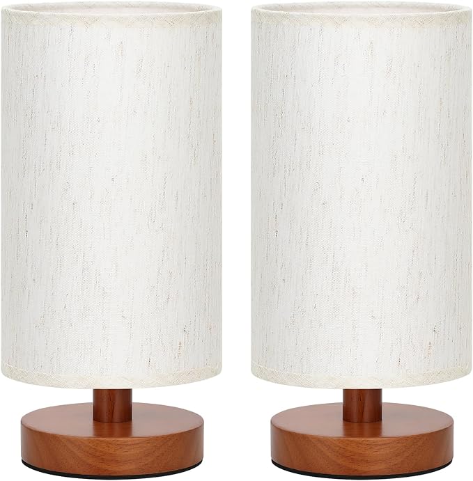 Fenmzee Small Lamps Set of 2 - Inline Control, Bedside Table Lamp for Bedroom with 3000K A15 LED Blub, Easy Assembly (Cream Shade - Walnut Base Set of 2, 9" Inline Control)