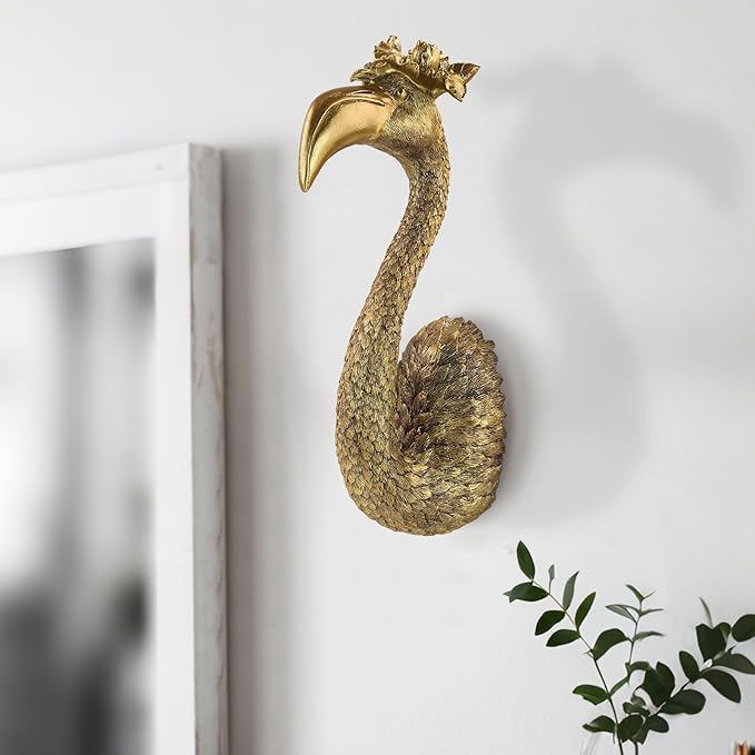 GUSFREUD Vintage Animal Head Wall Decor - 13" Resin Flamingo Wall Art For Home Decor, Gold Bird Wall Sculptures for Living Room, Bedroom, Kitchen, Unique Gift Idea