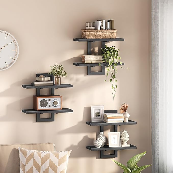 HOOBRO Floating Shelves, 15 Inch Wall Shelf Set of 3, Wall Mounted Storage Shelves 2-Tier, Hanging Bathroom Shelves, for Living Room, Bedroom, Bathroom, Kitchen, Black BK32BJP301