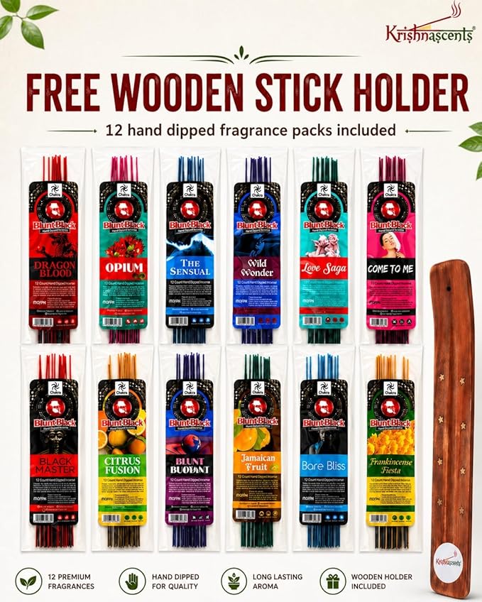 Blunt Black Hand-Dipped Incense Sticks | Premium 12 Assorted Packs - 144 Sticks, 11" Long | Aromatherapy with Long Burn Time | Free Wooden Stick Holder (Scents May Vary)