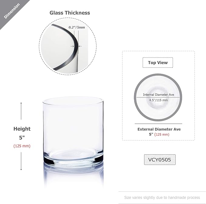 WGV Cylinder Vase Bulk, Diameter 5", Height 5", Clear Glass Floral Planter Container, Floating Candle Holder for Wedding Party Event Home Office Decor, 12 Pieces