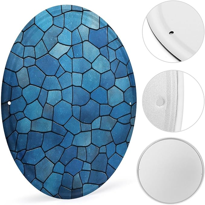 Wall Picture, with Blue Tile Pattern Printed Circular Iron Hanging Picture,Wall Art Decor,Home for Bedroom Living Room Bathroom Decor,Iron Painting 11.8X11.8 in
