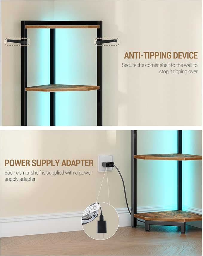 Hzuaneri Corner Shelf with LED Light, 5-Tier Corner Bookshelf, Tall Narrow Display Bookcase with Metal Frame, Standing Shelf for Small Space, Living Room, Home Office, Bedroom, Rustic Brown CS66501B