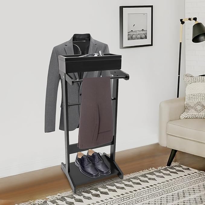 Valet Stand for Men and Women, Wood Suit Rack, Freestanding Coat Stand, Valet Stand Clothing Rack Organizer, Contour Hanger, Trouser Bar, Tie & Belt Hooks for Entryway, Bedroom, Office (Black)