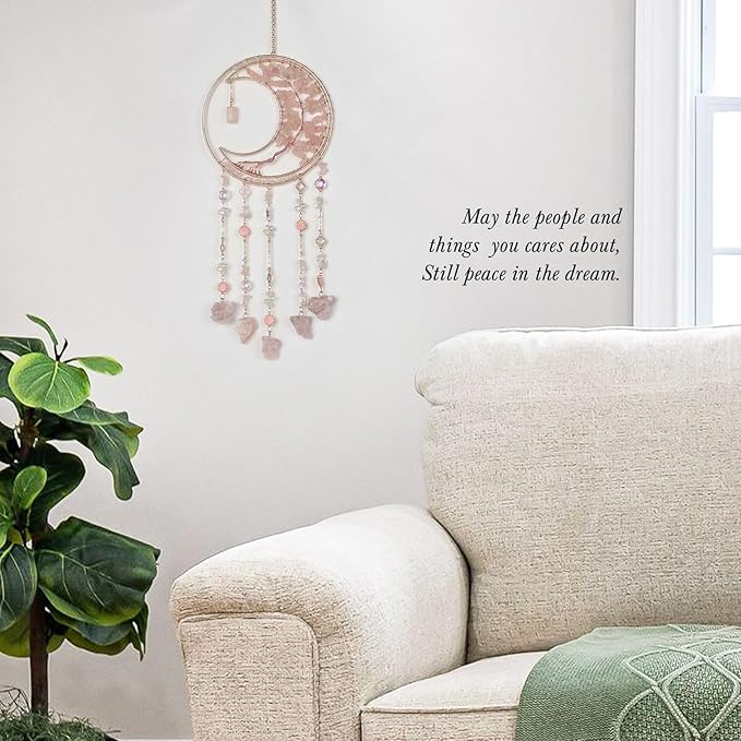 Pink Gemstone Dream Catcher 7 Chakras Tree of Life Moon Dream Catchers with Healing Crystal Stones Handmade Suncatcher Dreamcatcher Wall Decor for Adults Living Room,Bedroom,Garden,Bless Gift