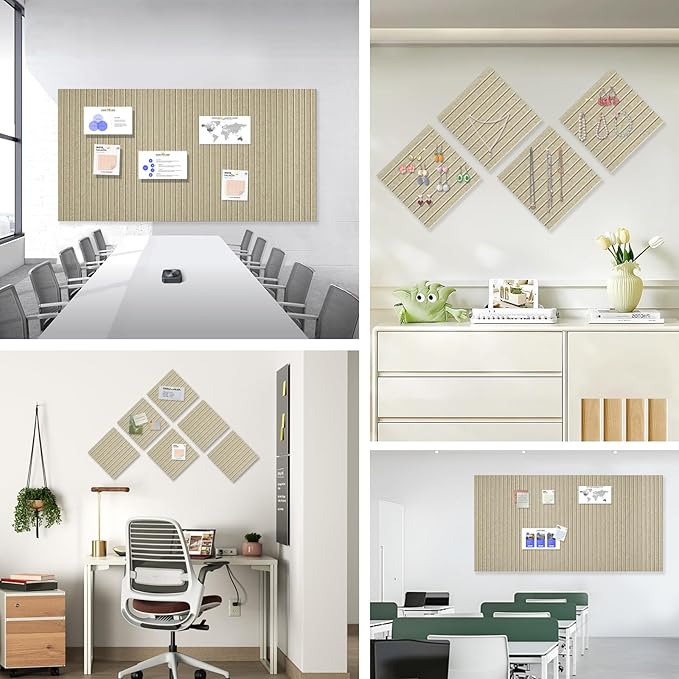 Large Cork Board for Office, 8 Pack Felt Wall Tiles with Slat Wall Paneling and Safe Removable Adhesive Tabs, Felt Bulletin Board Pin Board Cork Boards for Walls - Tan