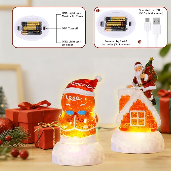 2 Pack Christmas Snow Globes Gingerbread Man and Santa with 8 Songs Music and 6H Timer USB & Battery Powered Snow Water Globe Swirling Glitter for Holiday Decorations Gifts (Gingerbread Man and Santa)