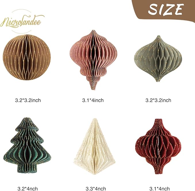 NICROLANDEE Christmas Party Decorations - 6 PCS 3D Mini Glitter Edge Paper Honeycomb Lantern Green, Red, Brown, Ivory, Gray Hanging Ornaments for Christmas Tree Décor, New Years Party, Home Decor