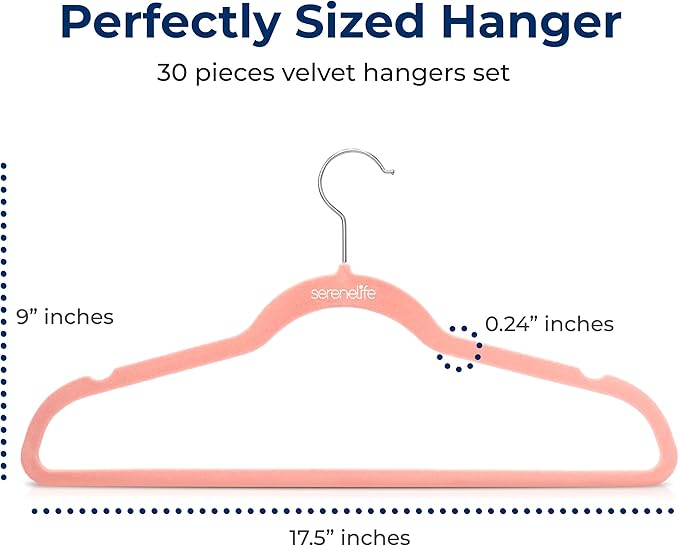 SereneLife 30 Pcs Pink Velvet Clothes Hangers - Non-Slip, Heavy Duty Hanger Set with 360° Swivel Hook, 10 lbs Weight Capacity, Lightweight, Ultra-Thin, Wrinkle-Free, Perfect for Closet Organization