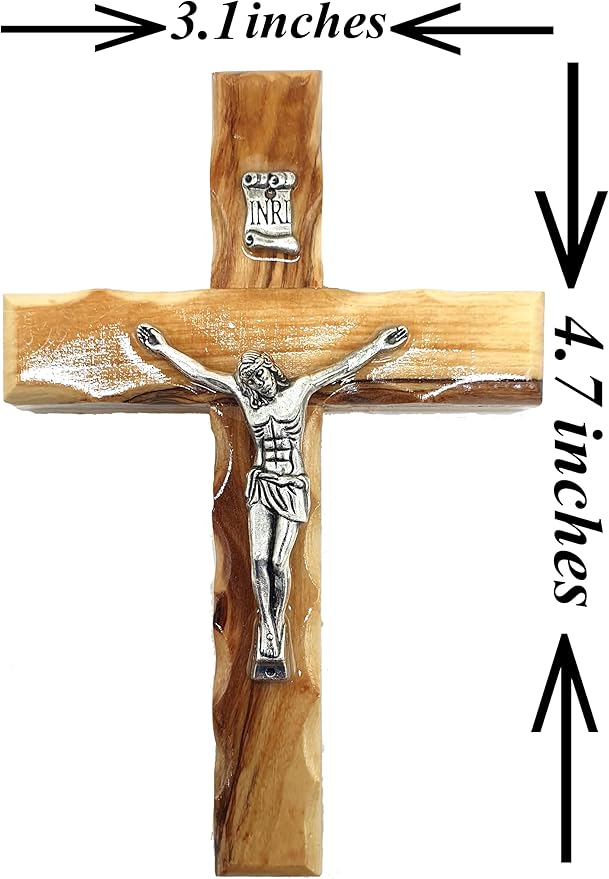 Zuluf 4.7" Catholic Wall Crucifix Olive Wood Cross with Silver Jesus Corpus – Handmade Christian Religious Wall Hanging Decor – Faith Gift from Jerusalem CRS058