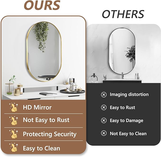 Gold Oval Mirror, 17"x30" Oval Bathroom Mirror, Vanity Mirror with Brushed Metal Frame, Wall Mount Mirrors Decor for Bathroom, Bedroom, Entryway, Living Room(Hangs Horizontally or Vertically)