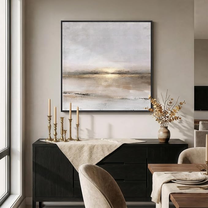 Framed Neutral Abstract Landscape Wall Art, Modern Gray Black Gold Canvas Prints Artwork for Walls, Minimalist Square Pictures for Living Room Bedroom Dining Room Hallway Office Wall Decor, 30x30 In