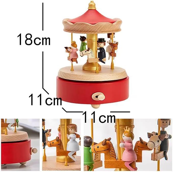 Natural Solid Wood Handcrafted Beech Wooden, Musical FigureTotoro/Carousel/Fairy/Ballerina Figurine,Rotating Hand Crank Mechanism Music Box,Musical Decorations (Red Merry-Go-Round)