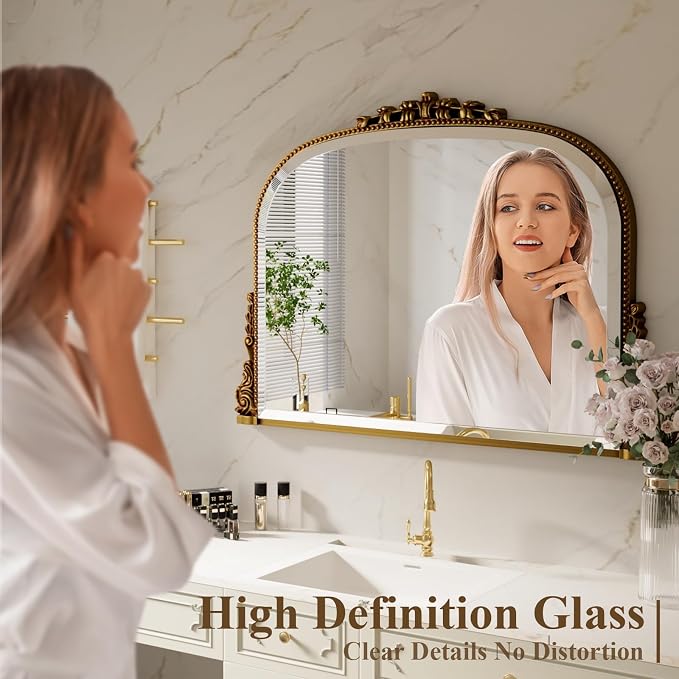Wall Beaded Mirror, 44 x 32 Inch Round Top Right Angle Wall Mirror, Tempered Glass, Rust Resistant, Horizontally or Vertically Hanging, Gold