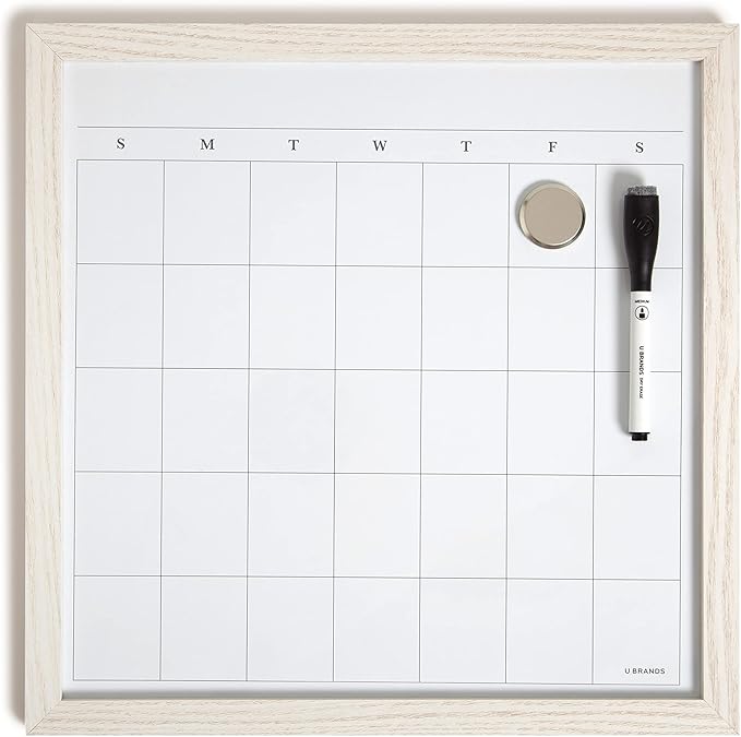 U Brands Rustic Monthly Dry Erase Board with White Wooden Frame, Office Supplies, 14” x 14”
