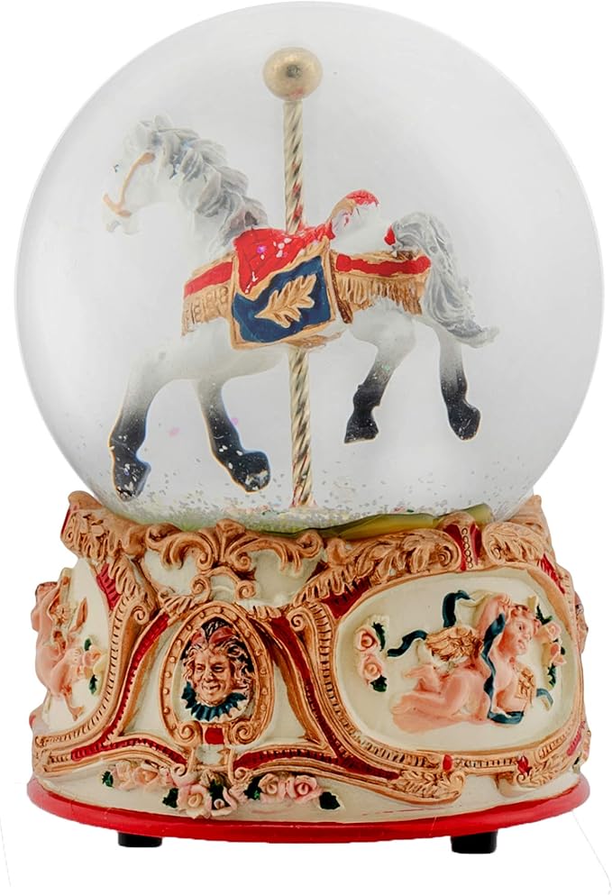 Elanze Designs Gilded Gold Tone Cupid and Carousel Horse 100MM Musical Water Globe Plays Tune Unchained Melody