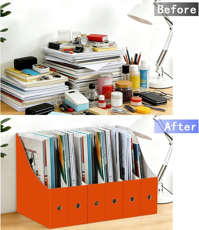 Limitliho 6 Pack Cardboard Magazine Holder for Desk, Book Bins for Classroom Library,Office,Home, 10.6" H x 10.2" L x 3.5" W in Magazine File Holder (Orange Red)
