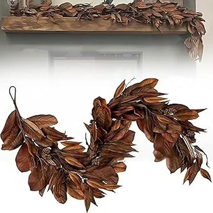 Brown Leaf Wreath, Artificial Realistic Reusable Leaf Swag Fall Porch Decorations Outdoor for Mantle Fall Decorations for Home (1-180)