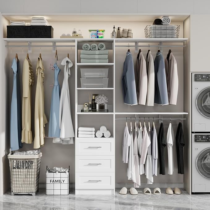 Closet System with Drawers, 5-8FT Closet Organizer Systems with Expandable Hanging Rods, 96" Closet Shelving Systems for Walk in Closets, Heavy Duty Wall Mount Closet Systems-White