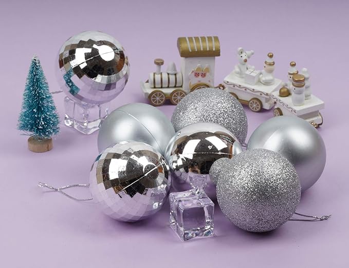 Emopeak 24Pcs Christmas Balls Ornaments for Xmas Christmas Tree - 4 Style Shatterproof Christmas Tree Decorations Hanging Ball for Holiday Wedding Party Decoration (Silver, 1.6"/4.2CM)