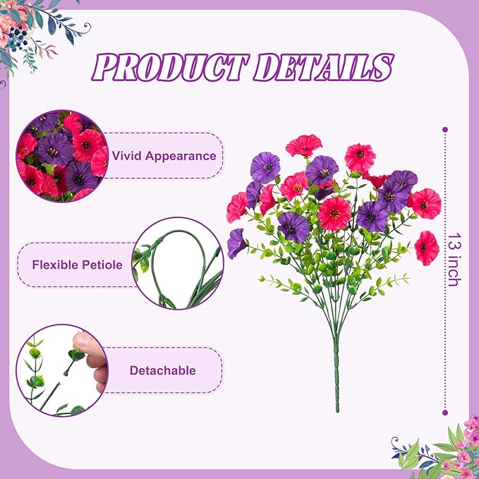 Artificial Flowers for Outdoors Decoration, 10 Bundles Fake Plastic Flower Plant, Faux Colorful Silk Morning Glory Petunias for Spring Summer Outside Garden Porch Front Door Decor, Hot Pink Purple