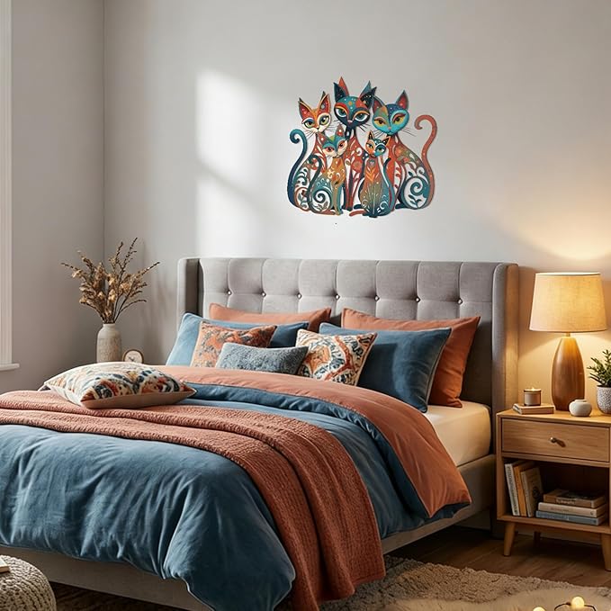 Wesiti Cat Wall Art Decor Iron Wall Sculptures Decor for Cats Lover 13.58 x 12.40 Inches Colorful Mid Century Cat Retro Signs for Home Living Room Bedroom Kitchen Office(Timeless)