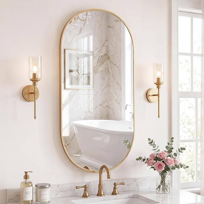Sweetcrispy 24" x 48" Gold Bathroom Mirror for Wall, Oval Wall Mirrors with Metal Frame, Tempered Glass, Modern Vanity Mirror for Over Sink, Living Room, Bedroom, Entryway, Horizontal or Vertical