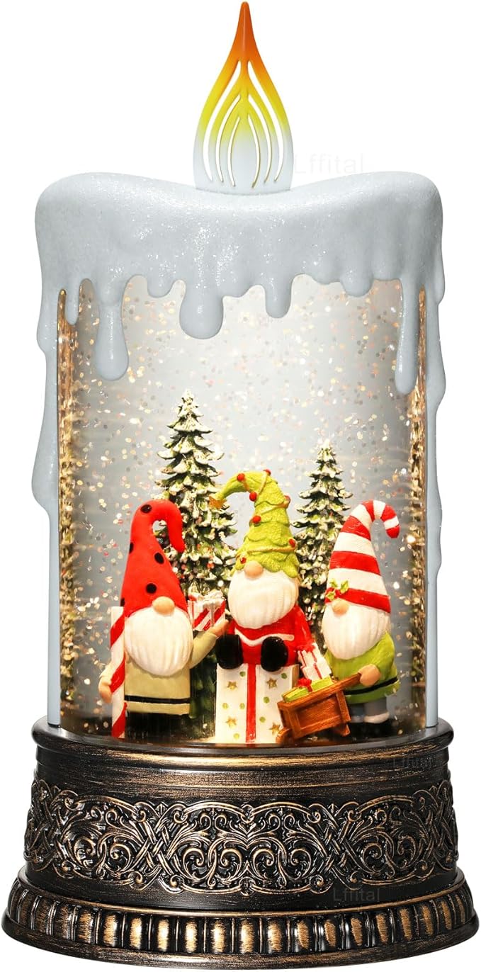 Christmas Snow Globe Gnome Snow Globe Lantern, Light Up Christmas Decorations for Home Musical Lantern Candle Shaped with Timer, Home Decor Festival Gife, USB & Battery Operated 10 Inch