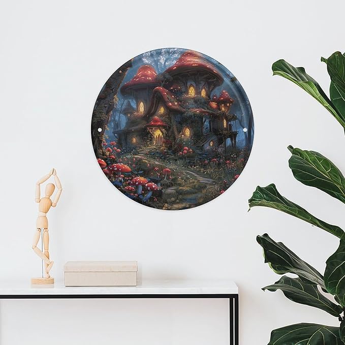 Wall Picture, with Mushrooms and Flowers Printed Circular Iron Hanging Picture,Wall Art Decor,Home for Bedroom Living Room Bathroom Decor,Iron Painting 11.8X11.8 in