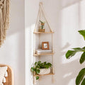 Artilady Macrame Corner Shelf Wall Hanging 3-Tier, Adjustable Boho Wood Plant Shelves Display for Indoor Candle Holder, Bedroom Living Room Home Decor (Beige 3-Tier Beads)