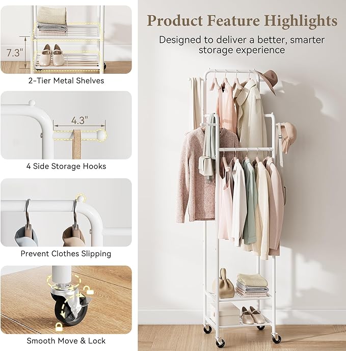 Chrislley Clothes Rack with Wheels, 71" Portable Clothing Rack with 2 Shelves and 4 Hooks, Small Rolling Garment Rack, 4 Hanging Rods Metal Coat Rack for Bedroom, Apartment, Entryway, White
