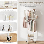 Chrislley Clothes Rack with Wheels, 71" Portable Clothing Rack with 2 Shelves and 4 Hooks, Small Rolling Garment Rack, 4 Hanging Rods Metal Coat Rack for Bedroom, Apartment, Entryway, White