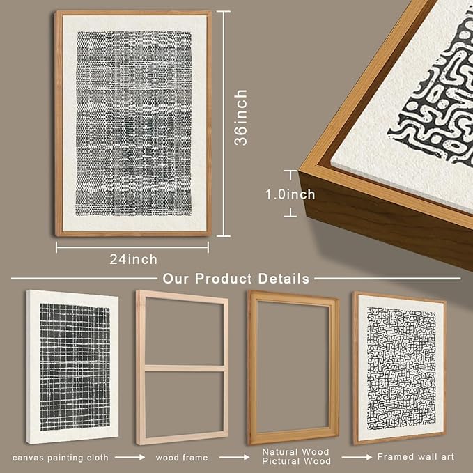 BINCUE Abstract Line Wall Art Set of 3 Modern Neutral Black Wall Decor Geometric Minimalist Artwork Framed Black Wall Pictures Abstract Black Wall Art Neutral Minimalist Artprints for Living Room Bedroom Office Bathroom 24"x36" Gift