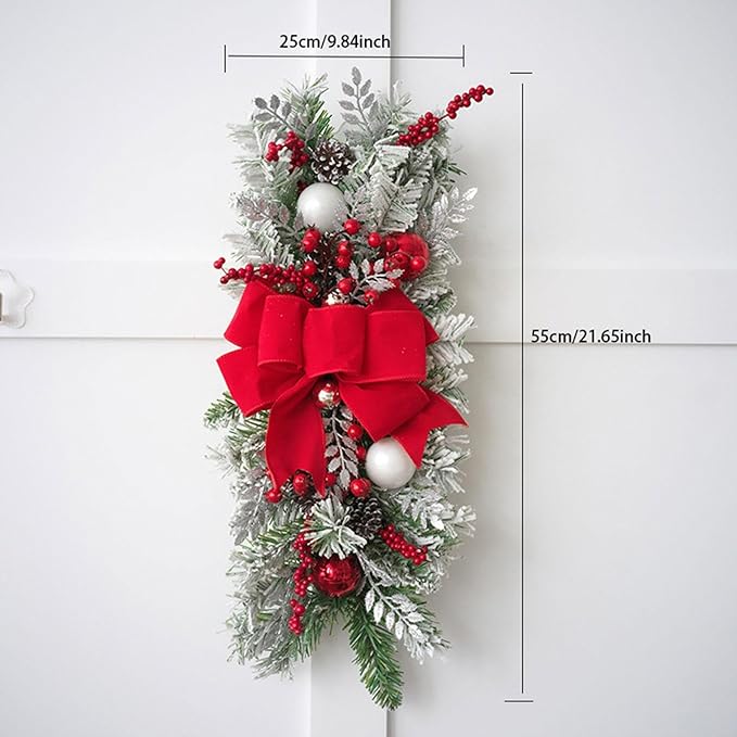 SM SunniMix Christmas Swag Teardrop Swag Artificial Wreath Door Swag Decorative Bow Ornament Lightweight PP Material Suitable for Gift Giving Home Decoration, Flocking Red