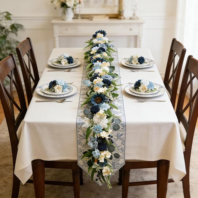 Idyllic 6 Ft Blue Rose Vine Garland - Artificial Spring Floral Garland for Wall Decor, Window, Mantle, Wedding, Home Decor - Faux Long Hanging Vine with Leaves