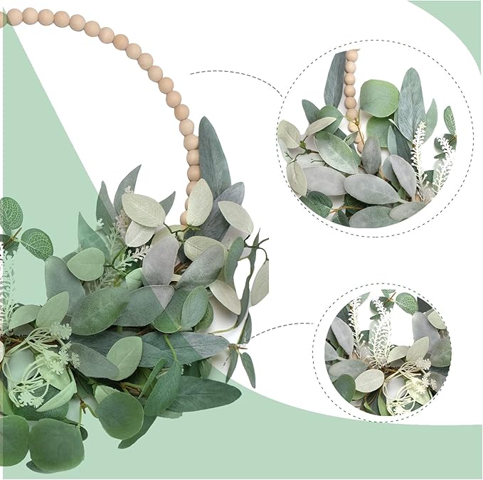 TEMPUS 2Pcs 16" Artificial Eucalyptus Wreaths - Handmade Wooden Bead & Lamb's Ear Spring Wreaths for Front Door, Farmhouse Wall Decor, Holiday Party