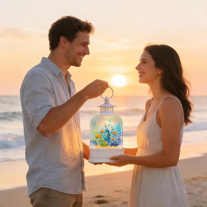 Ocean Themed Snow Globe Lantern with Music - USB or Battery Powered Light Up Water Lantern with Seahorse - Swirling Glitter Water Globe for Summer Costal Ocean Decor Gift for Ocean Lover (Seahorse)