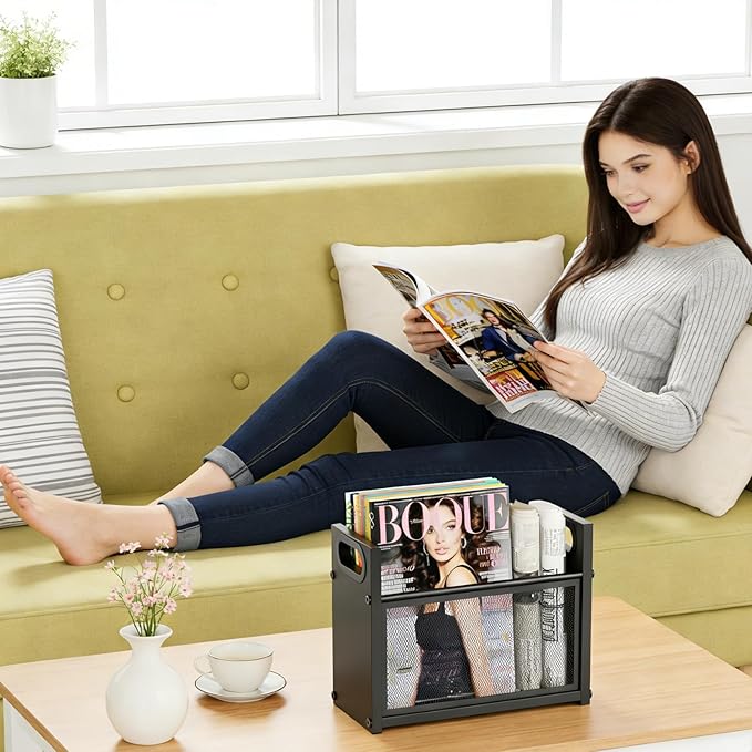 Magazine Rack & Holder, Mesh Magazine Rack Floor, Multi-Purpose Storage Organizer for Magazines, Books, Newspapers, Mail, Tablets | Magazines Storage Basket for Home, Office, Bathroom, Black Walnut