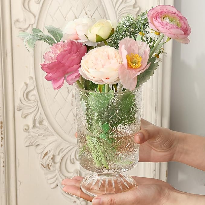 Fixwal Vases for Flowers Set of 3 Vintage Glass Vase for Centerpieces, Embossed Base Vases for Wedding Decoration (H:7" D:4"), Ribbed Glass Containers for Organization for Home Decor