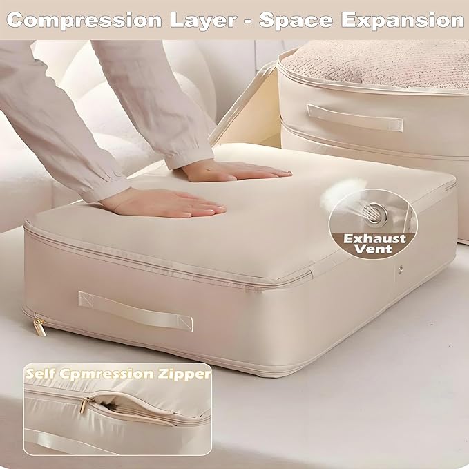 Ultra Space Saving Self Compression Organizer, Large Capacity Storage Bag, Thick Satin Fabric Heavy Duty Bags for Comforters Blankets Bedding Duvet (Beige, Large, 21x17x12in)