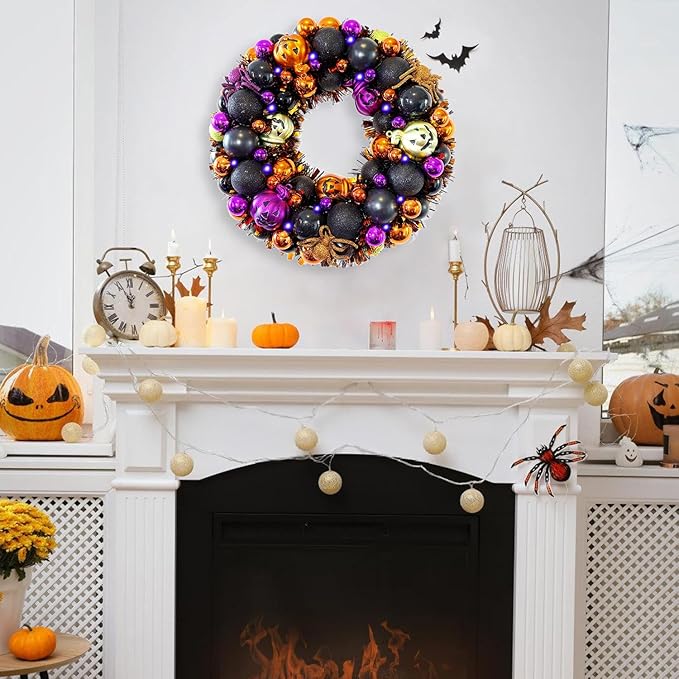 HipTree 13.8 Inch Halloween Ball Wreath for Front Door with Lights, Lighted Cute Treat-or-Trick Door Wreath Ball Ornament for Halloween Indoor Decorations Centerpiece Party Holiday Wall Home Decor