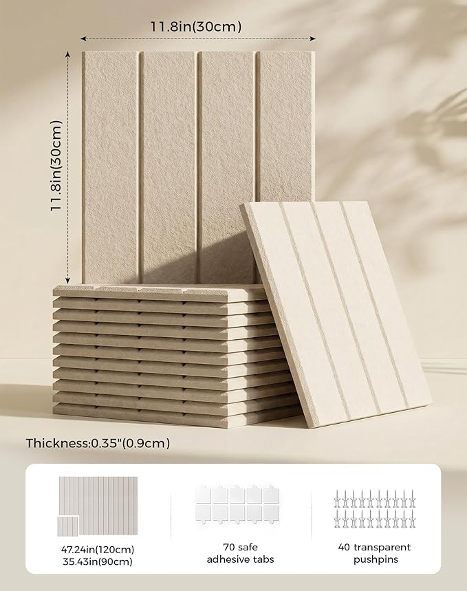 Aothia Felt Bulletin Board Tiles Large 48" x 36" Cork Board Alternative - 12-Pack with 70 Adhesive Tabs, Thick Slat Wall Panels for Office Decor, Push Pin Board Wall Organizer Alternative - Oatmeal