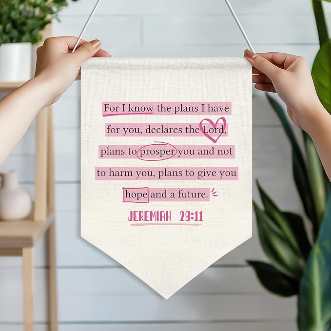Christian Banner Decor,Inspirational Bible Verse Canvas Flag Banner,Positive Christ Wall Art Poster for Playroom Nursery,Kids Room Decor 11x16 Inch(KD15)
