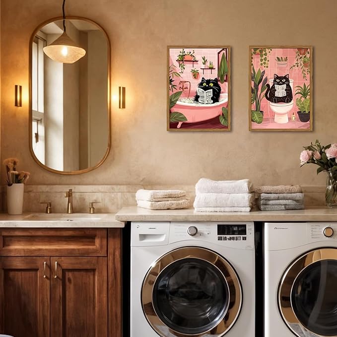 Framed Funny Bathroom Black Cat Canvas Wall Art Set of 2, Cute Cat Reading Newspaper on Toilet Pictures Wall Decor, Humor Animal in Bathtub Paintings Prints for Restroom 16x24 inch