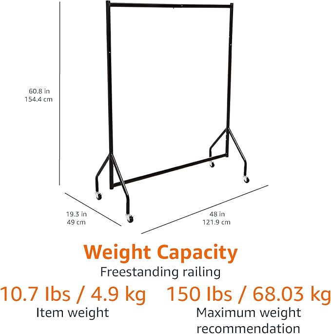 Amazon Basics Heavy Duty Portable Rolling Garment Rack, Hanging Clothes Organizer Rail for Display and Storage, Easy to Assemble, 19 x 60 x 48 inches, Black