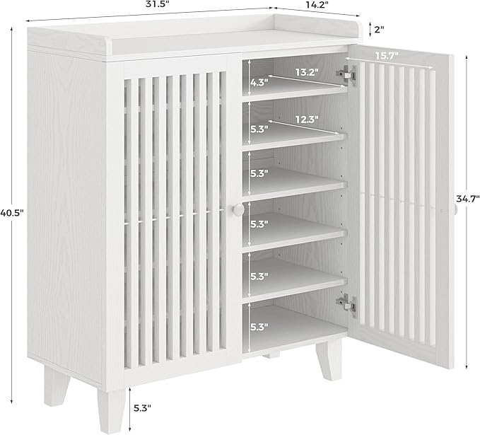 IRONCK Shoe Cabinet with Slatted Doors, 6-Tier Shoe Storage Cabinet with Adjustable Shelves, Wooden Shoe Rack Organizer for Entryway, Hallway, Closet, Living Room, White