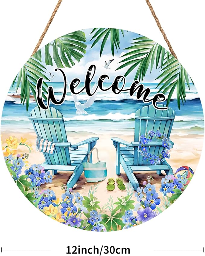 Welcome Summer Sea Chair Front Door SignFlower Wall Hanging Round Door Hanger Farmhouse Coastal Beach Wooden Wreath for Front Door Hello Summer Outdoor Outside Porch Decor 12"X12"