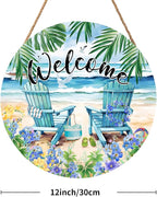 Welcome Summer Sea Chair Front Door SignFlower Wall Hanging Round Door Hanger Farmhouse Coastal Beach Wooden Wreath for Front Door Hello Summer Outdoor Outside Porch Decor 12"X12"